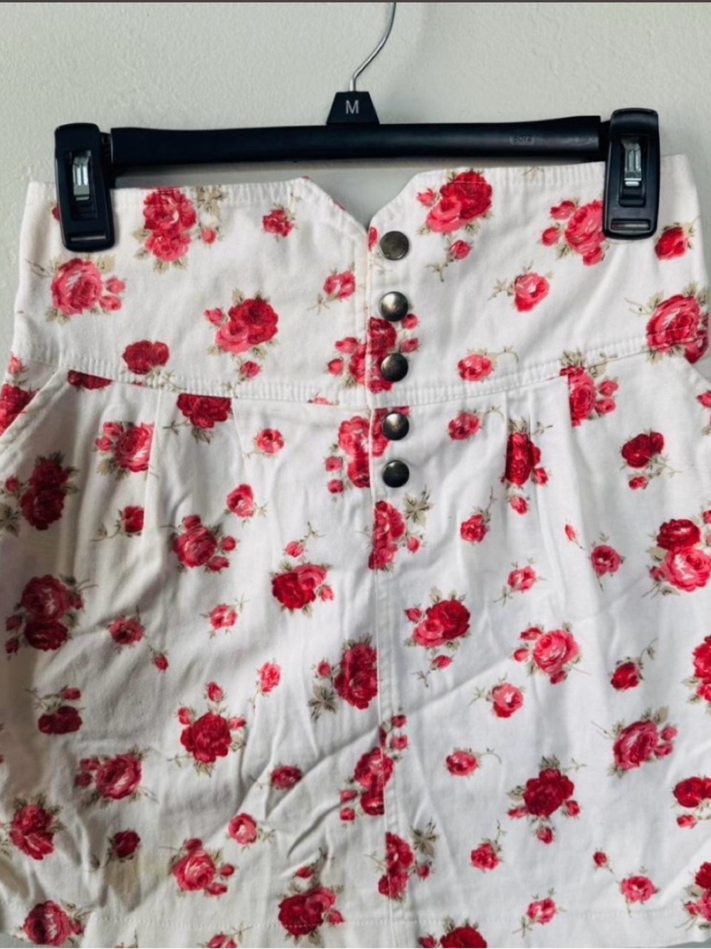 White Mini Skirt with Red Rose Print and Button Front